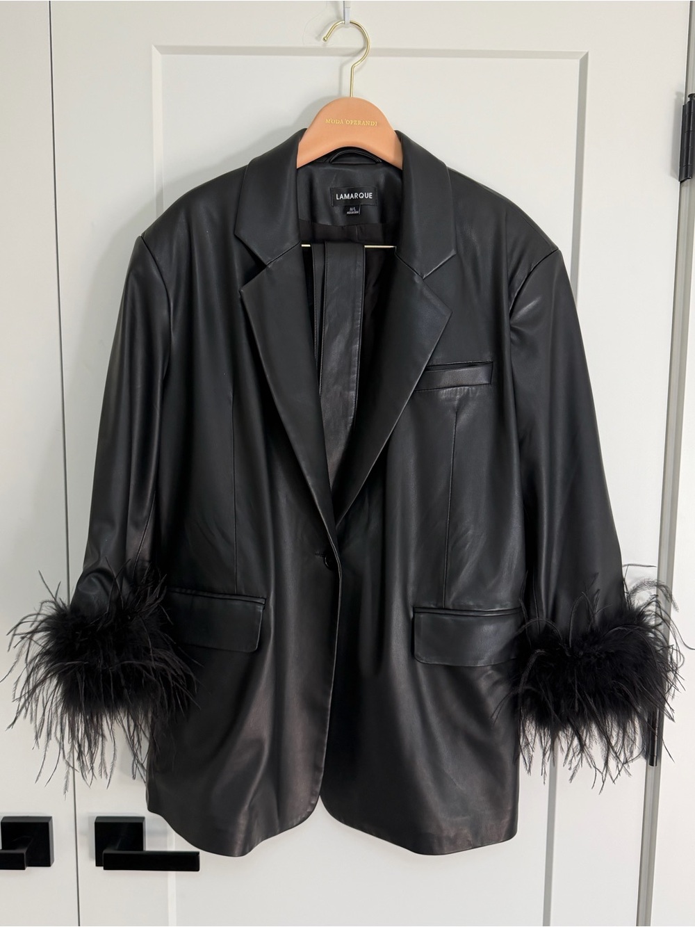 Lamarque Black Faux Leather Blazer with Feather Cuffs